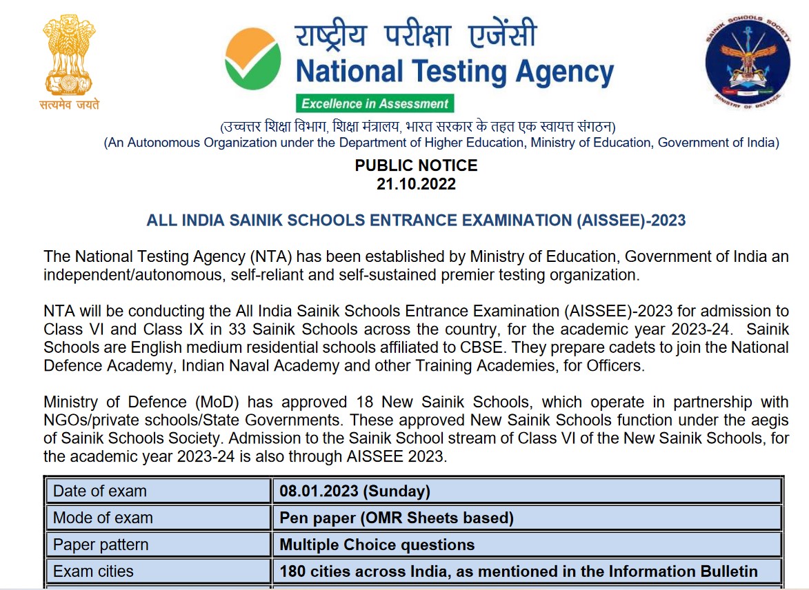 Sainik School Admission 2023-24