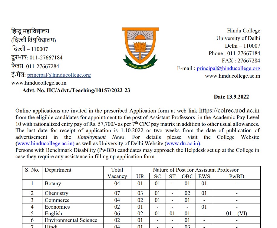 Hindu College Assistant Professor Recruitment 2022